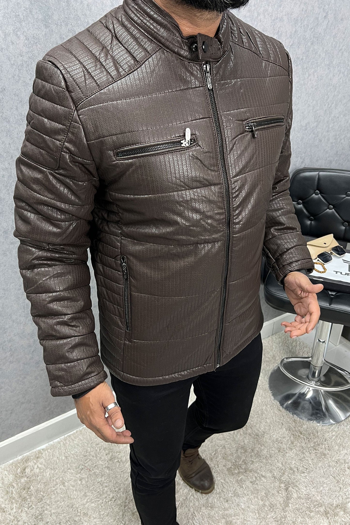 Self Design Zipper Pockets Men's Imported Suede Leather Jacket