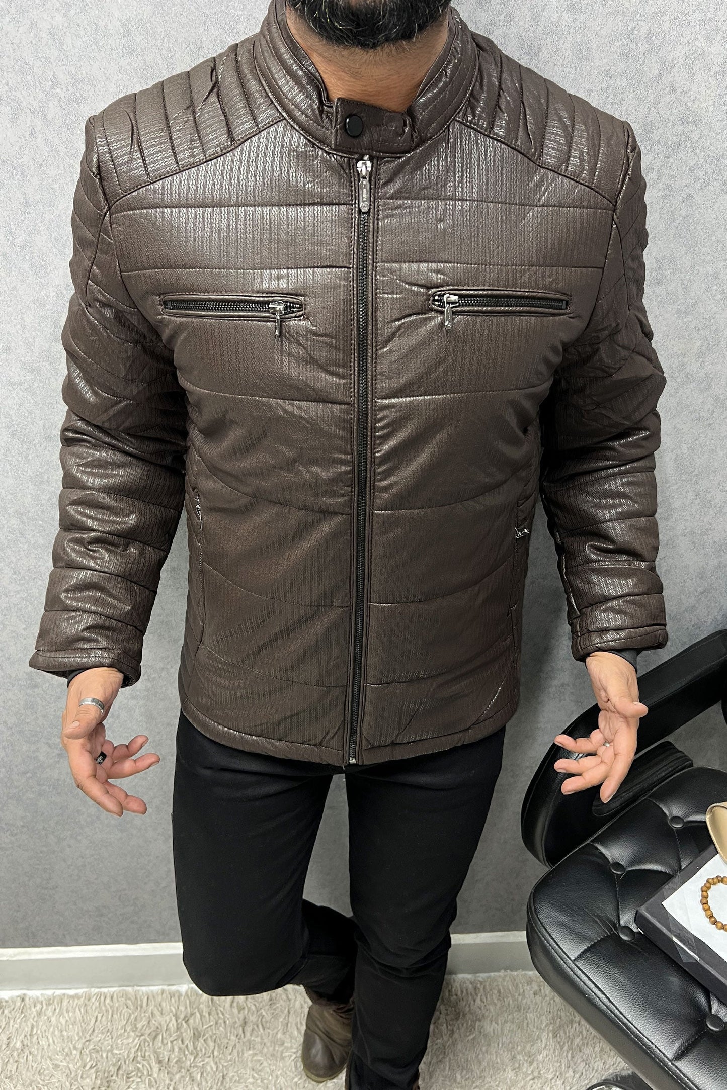 Self Design Zipper Pockets Men's Imported Suede Leather Jacket