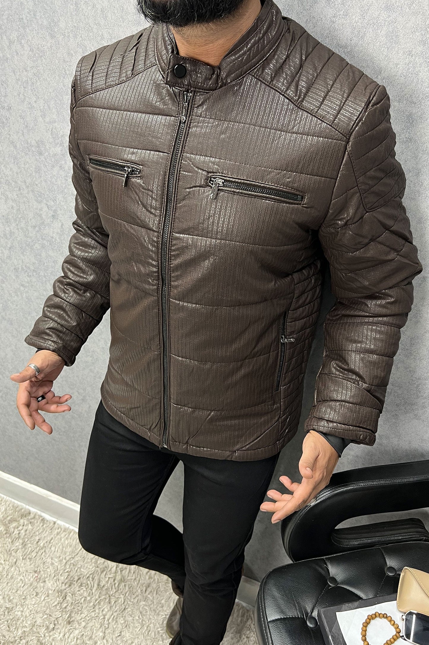 Self Design Zipper Pockets Men's Imported Suede Leather Jacket