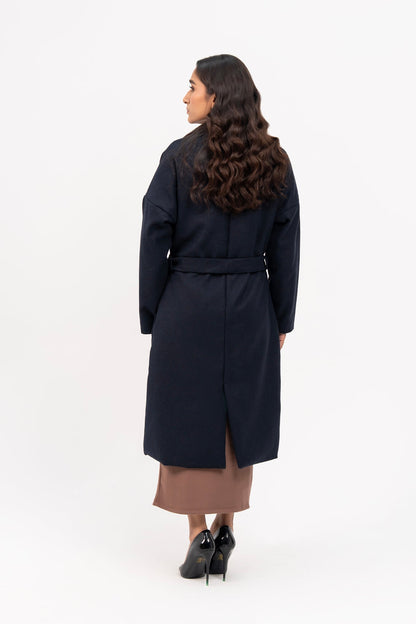Oversized Belted Wool Coat - Navy Blue