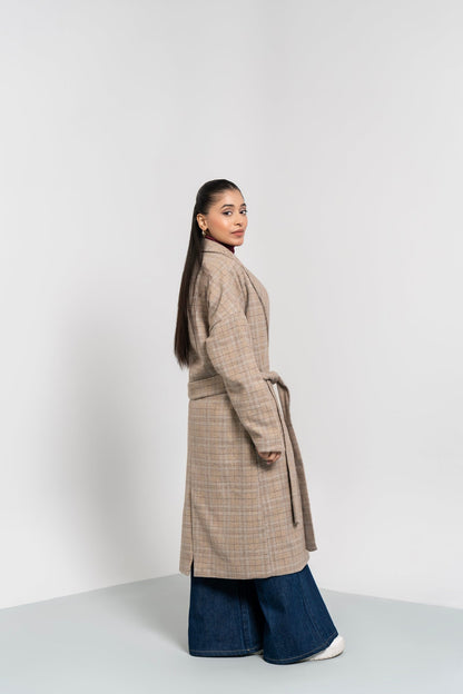 Oversized Belted Wool Coat - Beige Grid Check