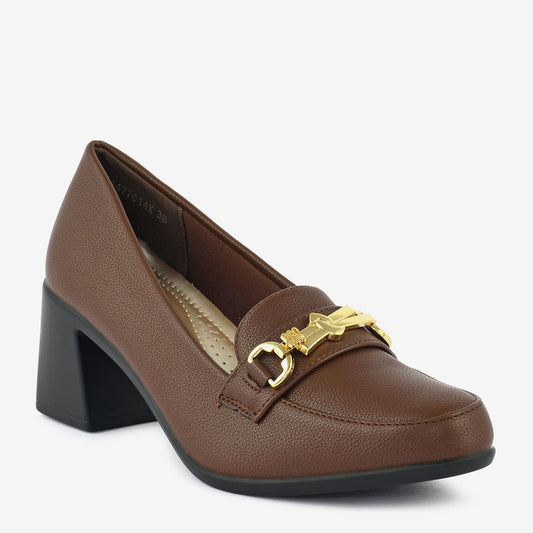 Cognac Chain Block Heel Loafers