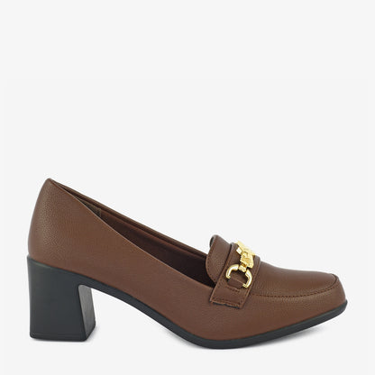 Cognac Chain Block Heel Loafers