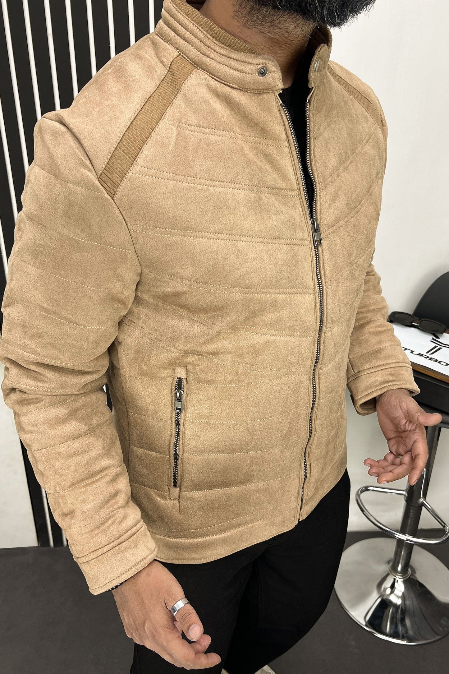 Stitched Motif Pattern Men's Suede Jacket