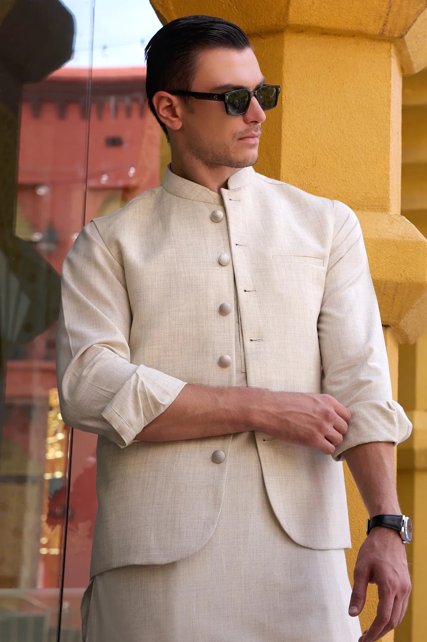 Fawn Shalwar Kameez with Waistcoat