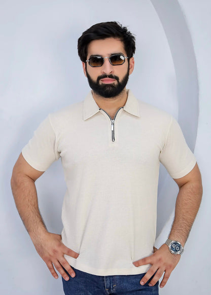 Waffle Knit Zip Polo - Off White