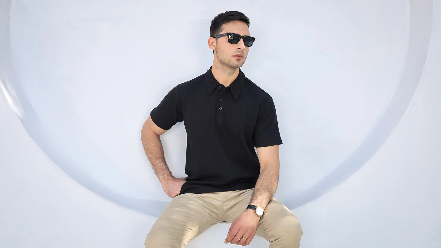 Waffle Knit - Black Polo