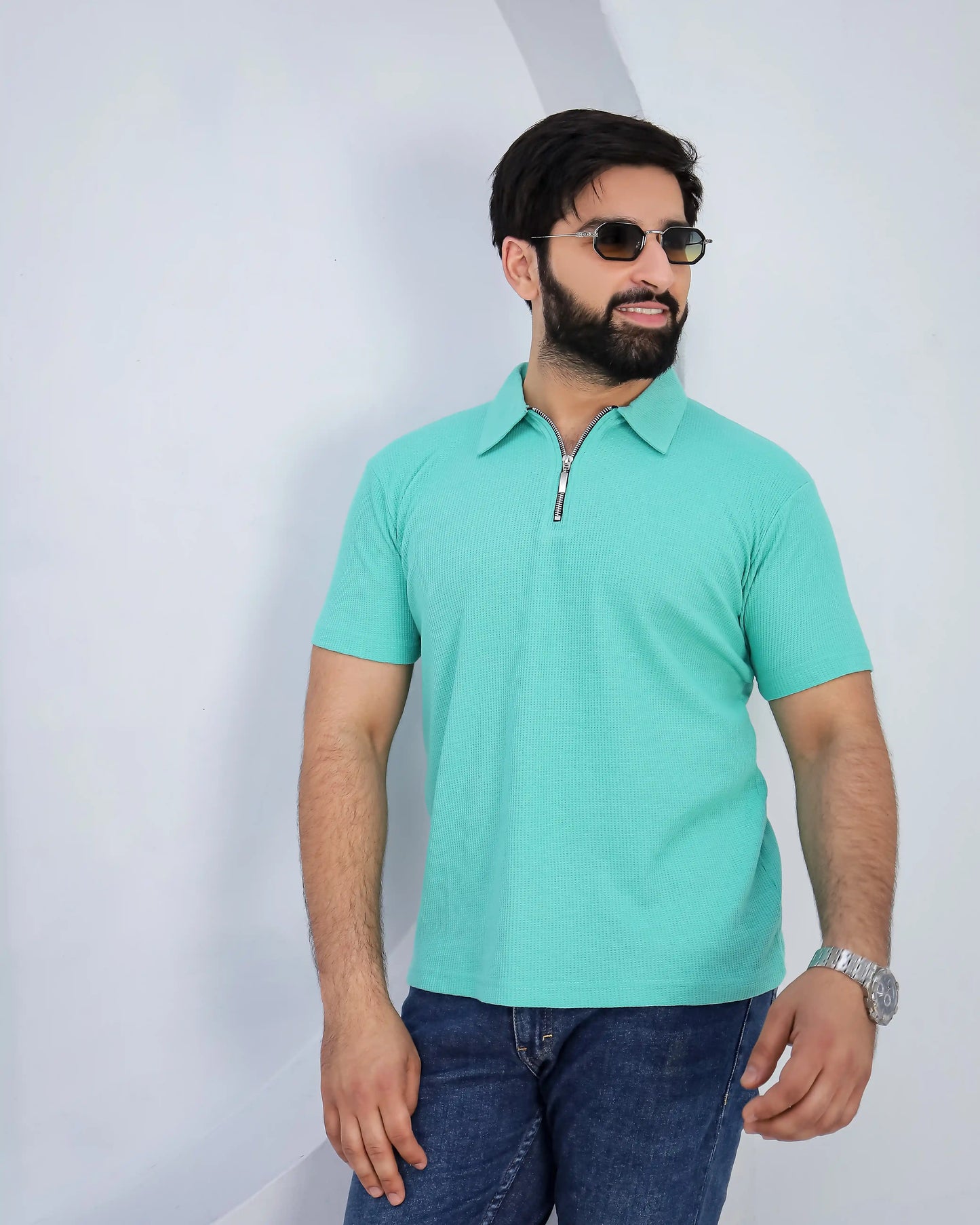 Waffle Knit Zip Polo - Mint Green