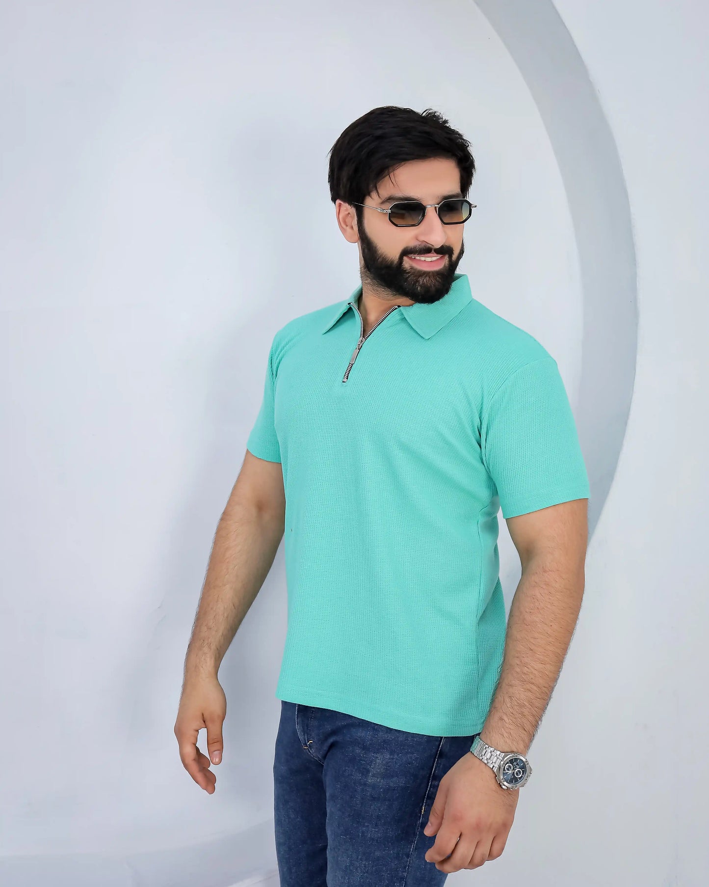 Waffle Knit Zip Polo - Mint Green
