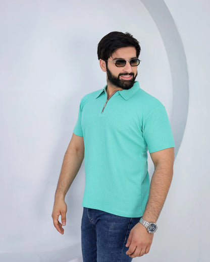 Waffle Knit Zip Polo - Mint Green