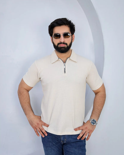 Waffle Knit Zip Polo - Off White
