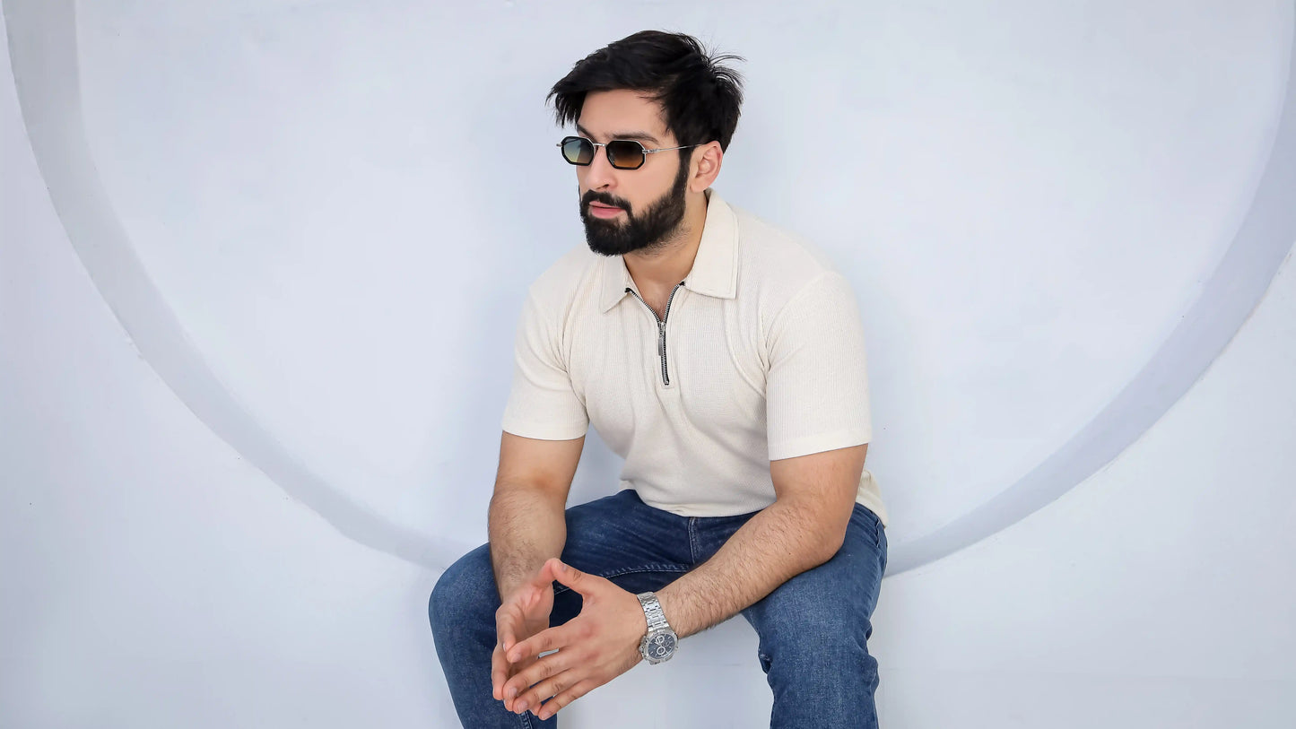 Waffle Knit Zip Polo - Off White