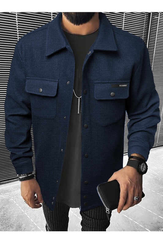 Front Flap Pocket Collar Motif Waffle Knit Jacket