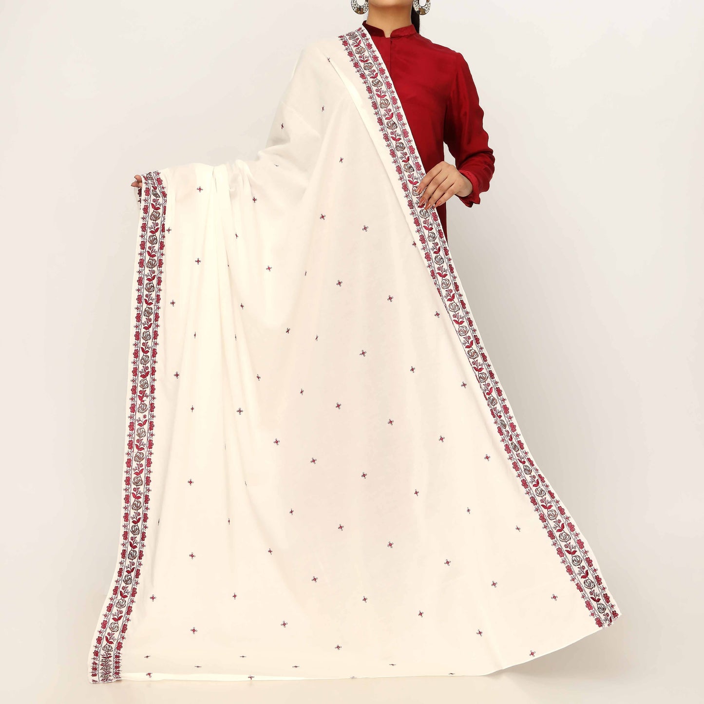 White Embroidered Cotton Dupatta PD5483