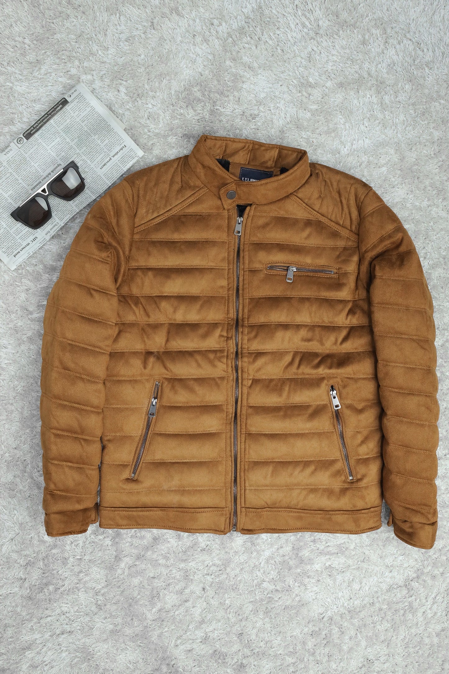 Quilted Pattern Iconic Zipper Men's Suede Jacket