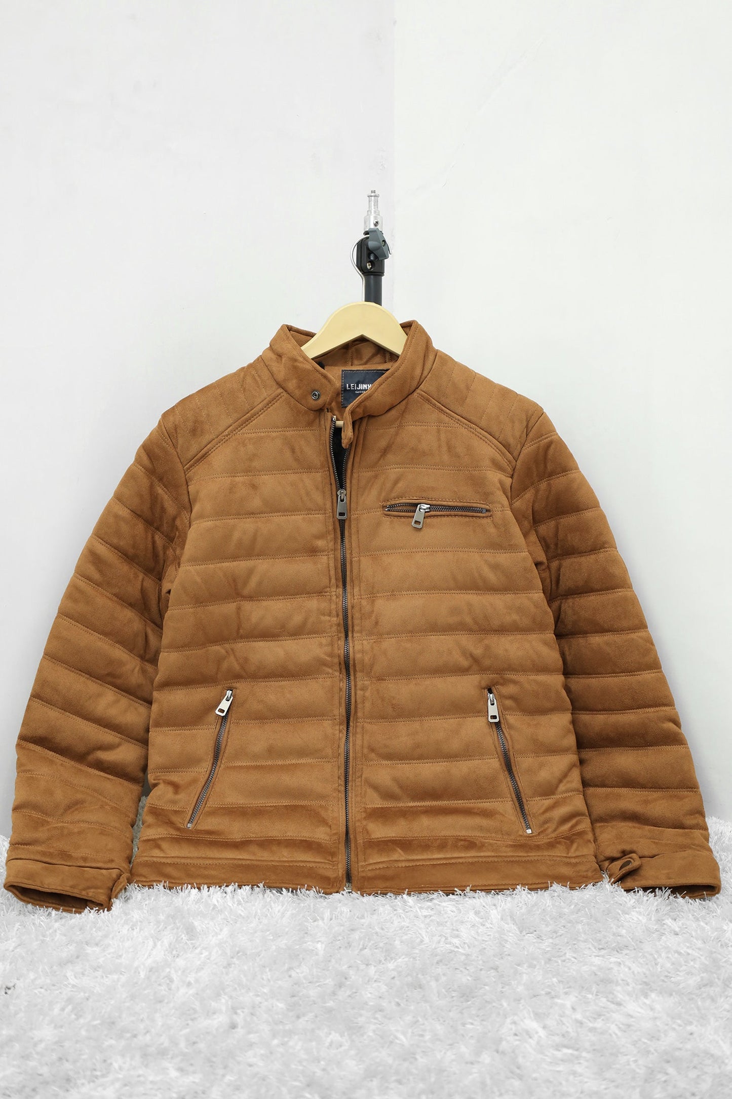 Quilted Pattern Iconic Zipper Men's Suede Jacket