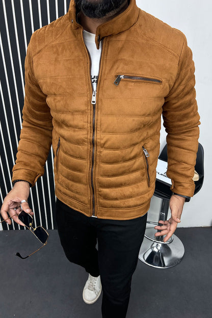 Quilted Pattern Iconic Zipper Men's Suede Jacket