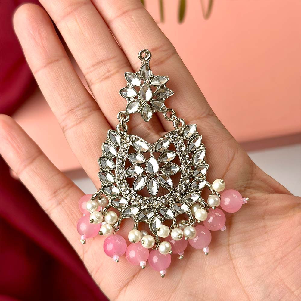 Sameera Earrings/Teeka Set Silver (Baby Pink)