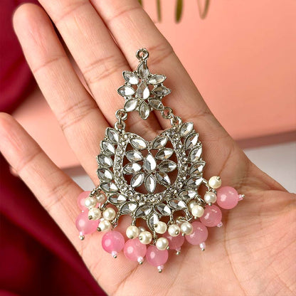 Sameera Earrings/Teeka Set Silver (Baby Pink)