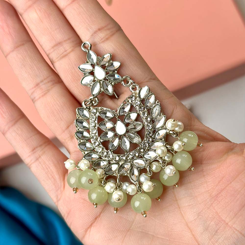 Sameera Earrings/Teeka Set Silver (Light Green)