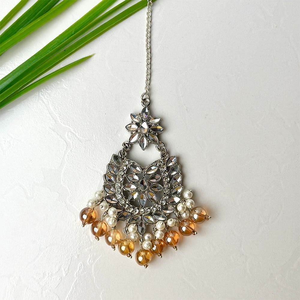 Sameera Earrings/Teeka Set (Silver Champagne)