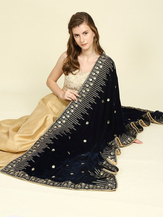Embroidered Navy Blue Velvet Dupatta