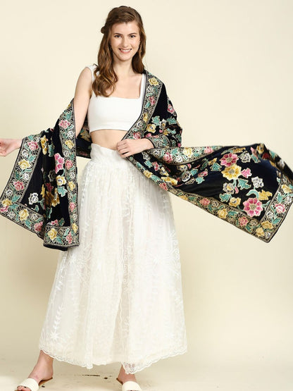 Multicoloured Floral Heavily Embroidered Navy Blue Velvet Dupatta
