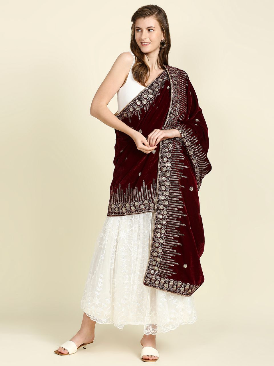 Embroidered Navy Blue Velvet Dupatta