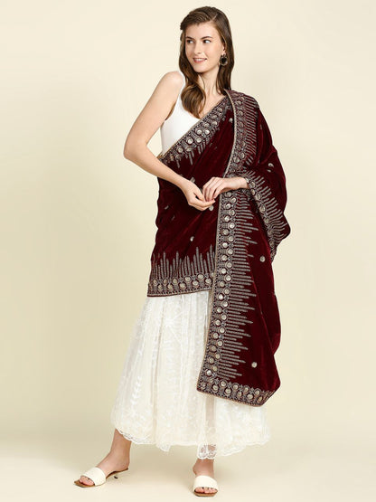 Embroidered Navy Blue Velvet Dupatta