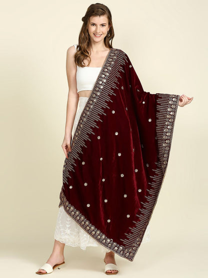 Embroidered Navy Blue Velvet Dupatta