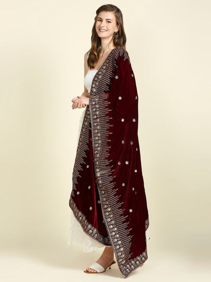 Embroidered Navy Blue Velvet Dupatta