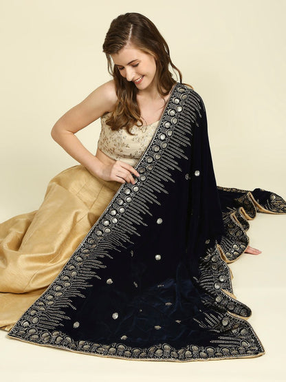 Embroidered Navy Blue Velvet Dupatta