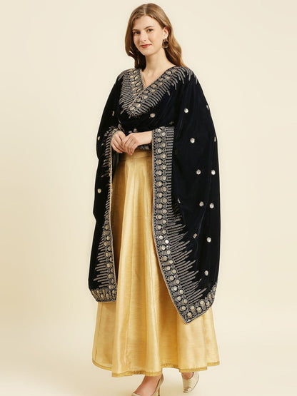 Embroidered Navy Blue Velvet Dupatta