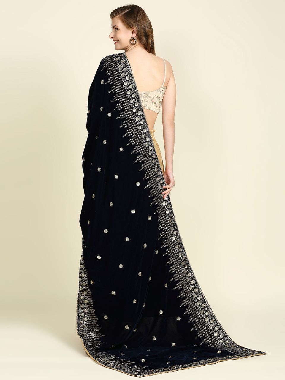 Embroidered Navy Blue Velvet Dupatta