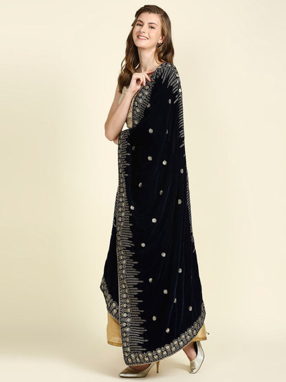 Embroidered Navy Blue Velvet Dupatta