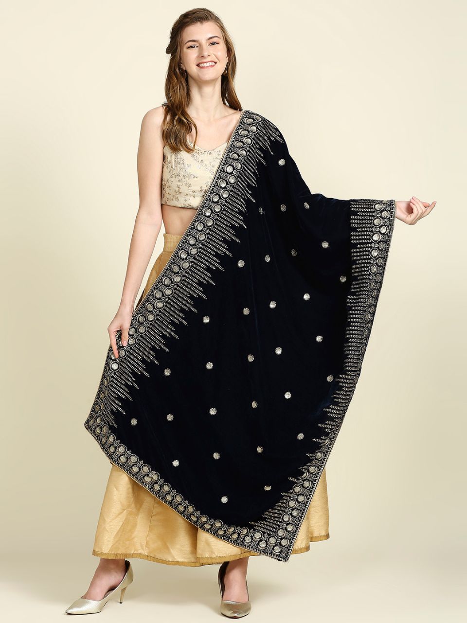Embroidered Navy Blue Velvet Dupatta