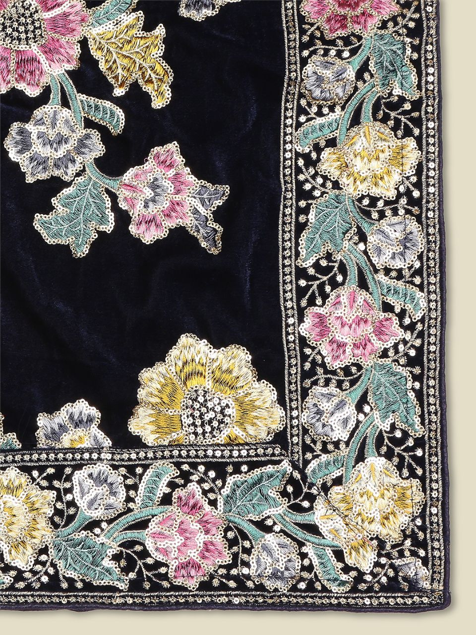 Multicoloured Floral Heavily Embroidered Navy Blue Velvet Dupatta