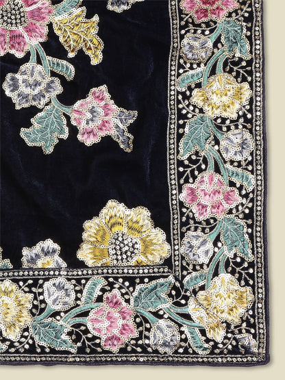 Multicoloured Floral Heavily Embroidered Navy Blue Velvet Dupatta