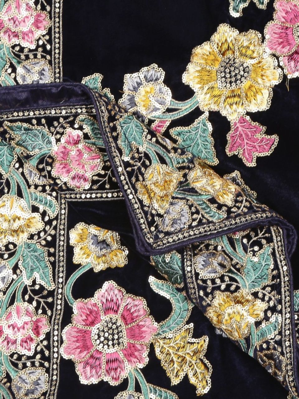 Multicoloured Floral Heavily Embroidered Navy Blue Velvet Dupatta