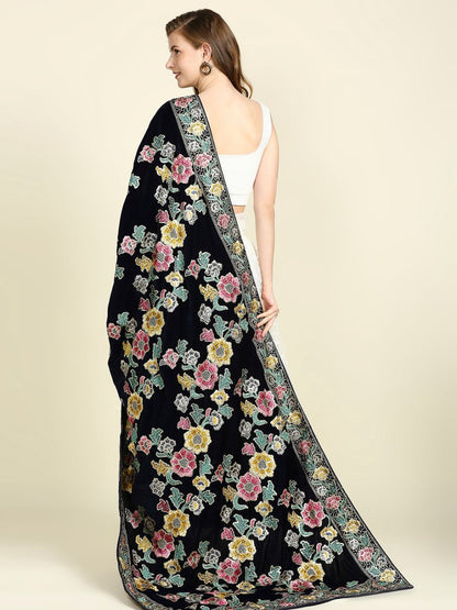 Multicoloured Floral Heavily Embroidered Navy Blue Velvet Dupatta