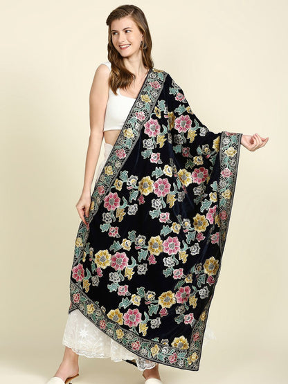 Multicoloured Floral Heavily Embroidered Navy Blue Velvet Dupatta