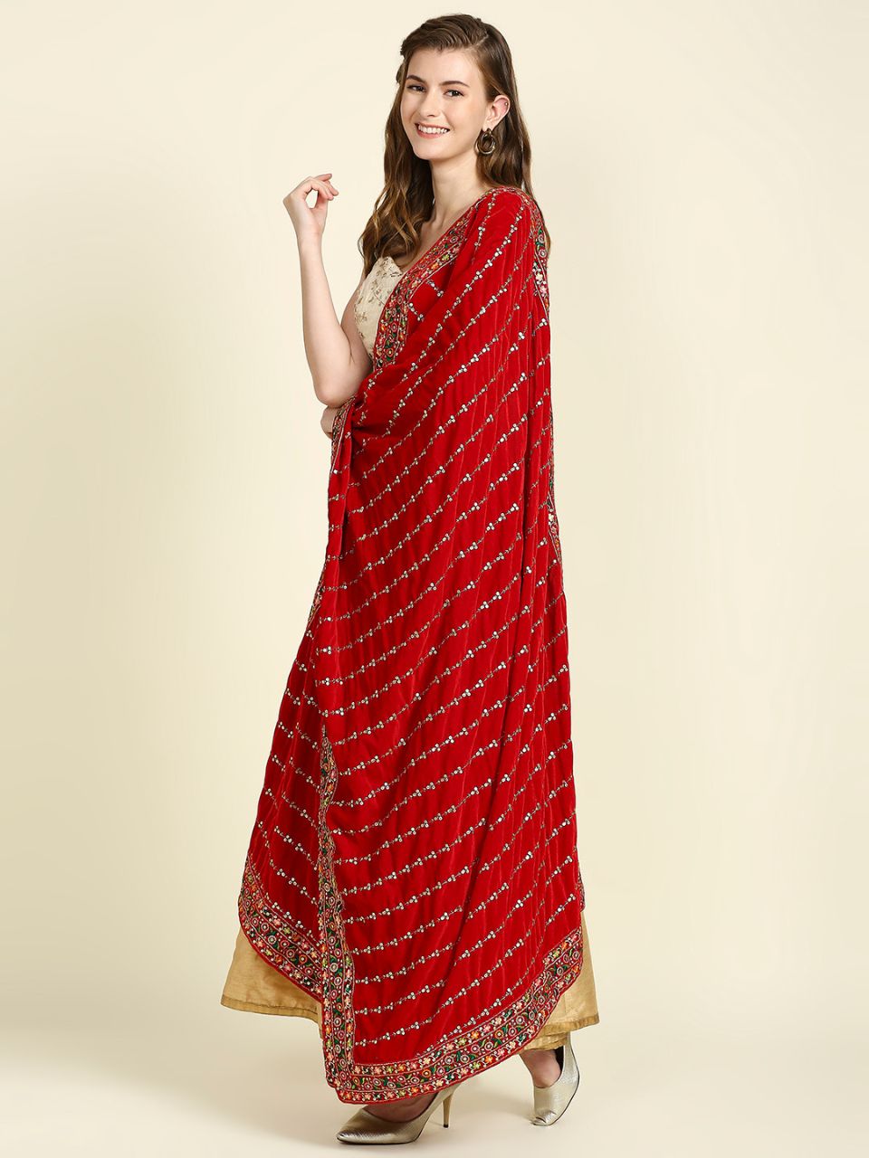 Multicolour Embroidered Velvet Dupatta