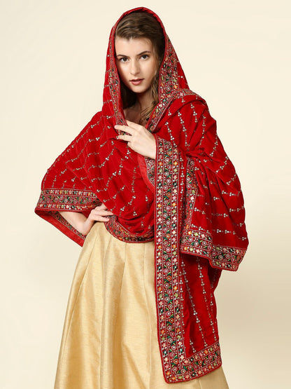 Multicolour Embroidered Velvet Dupatta