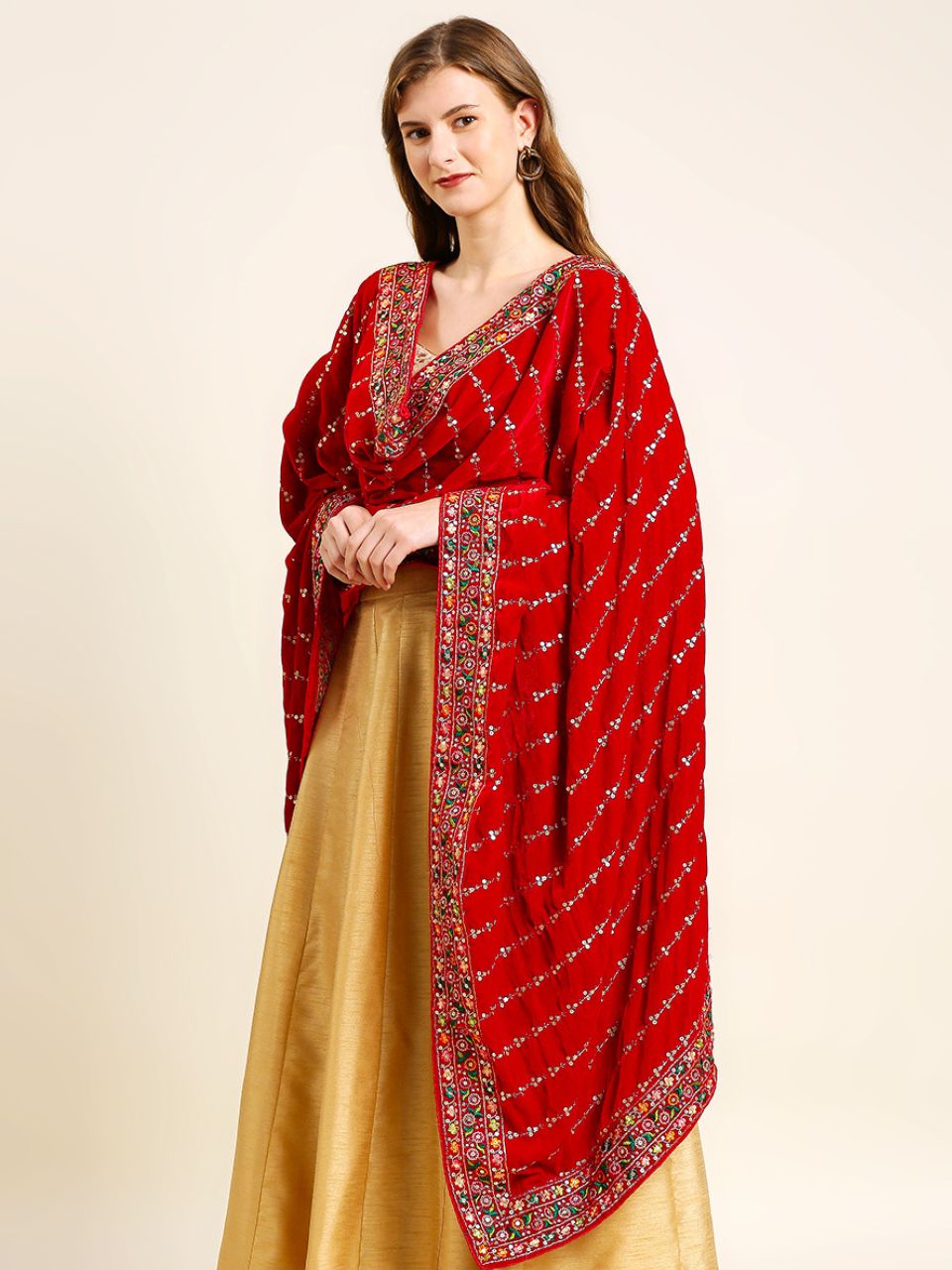 Multicolour Embroidered Velvet Dupatta
