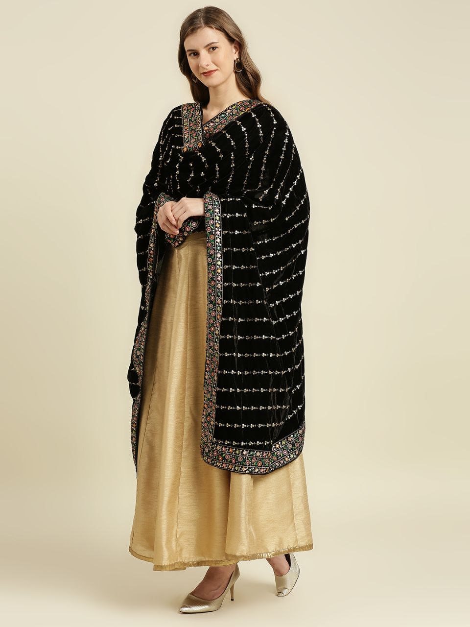 Multicolour Embroidered Velvet Dupatta