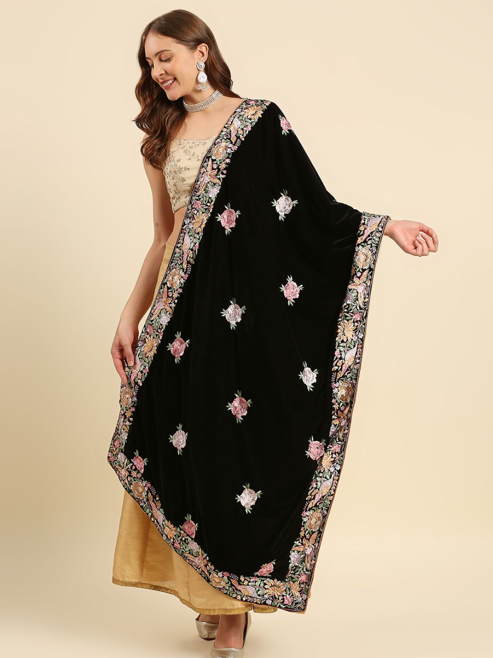 Parsi Gara Thread Work Embroidered Velvet Dupatta