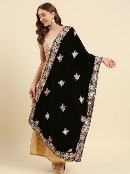 Parsi Gara Thread Work Embroidered Velvet Dupatta