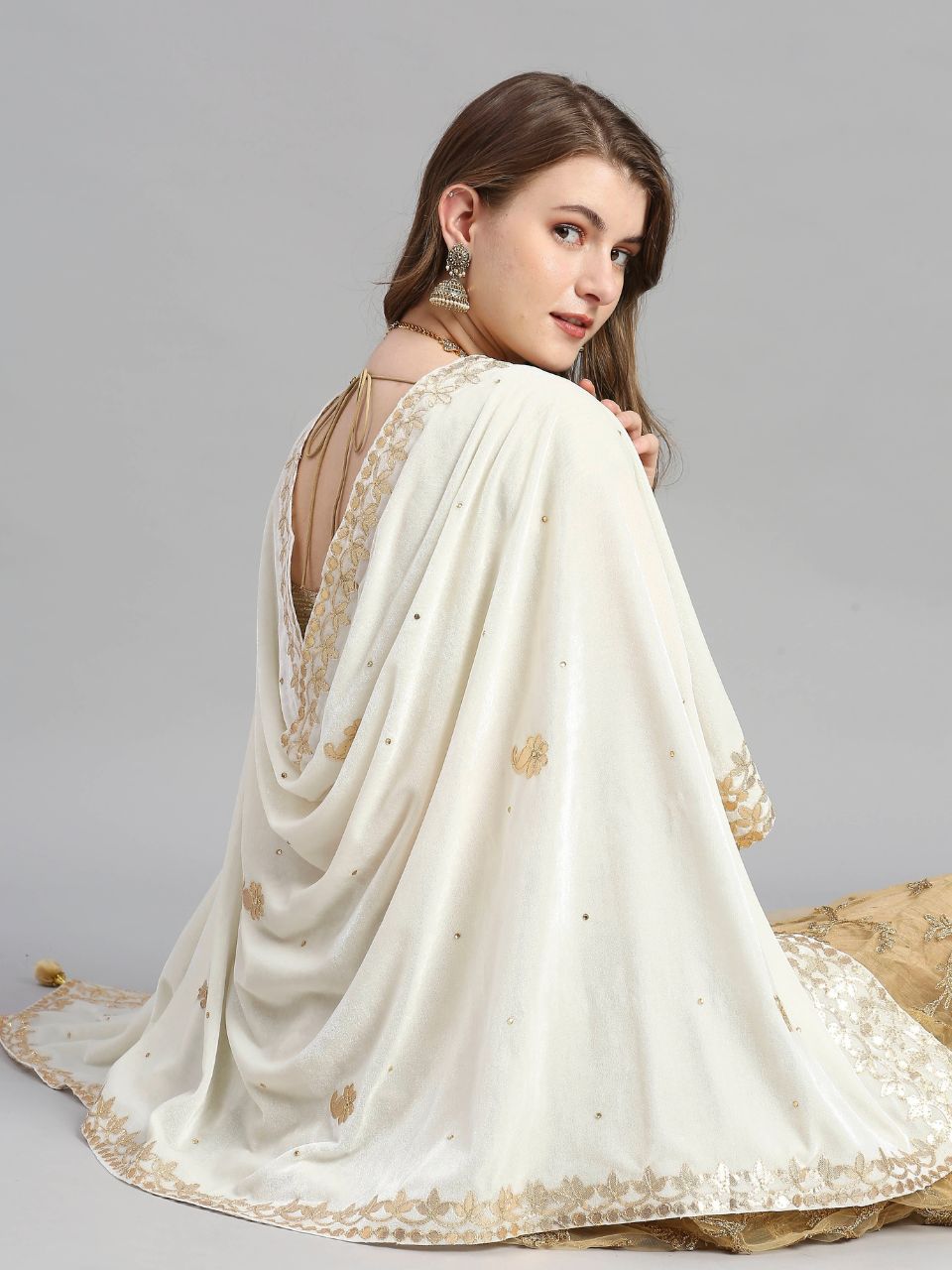 Gotta Patti Work Velvet Cream Dupatta With Danglers
