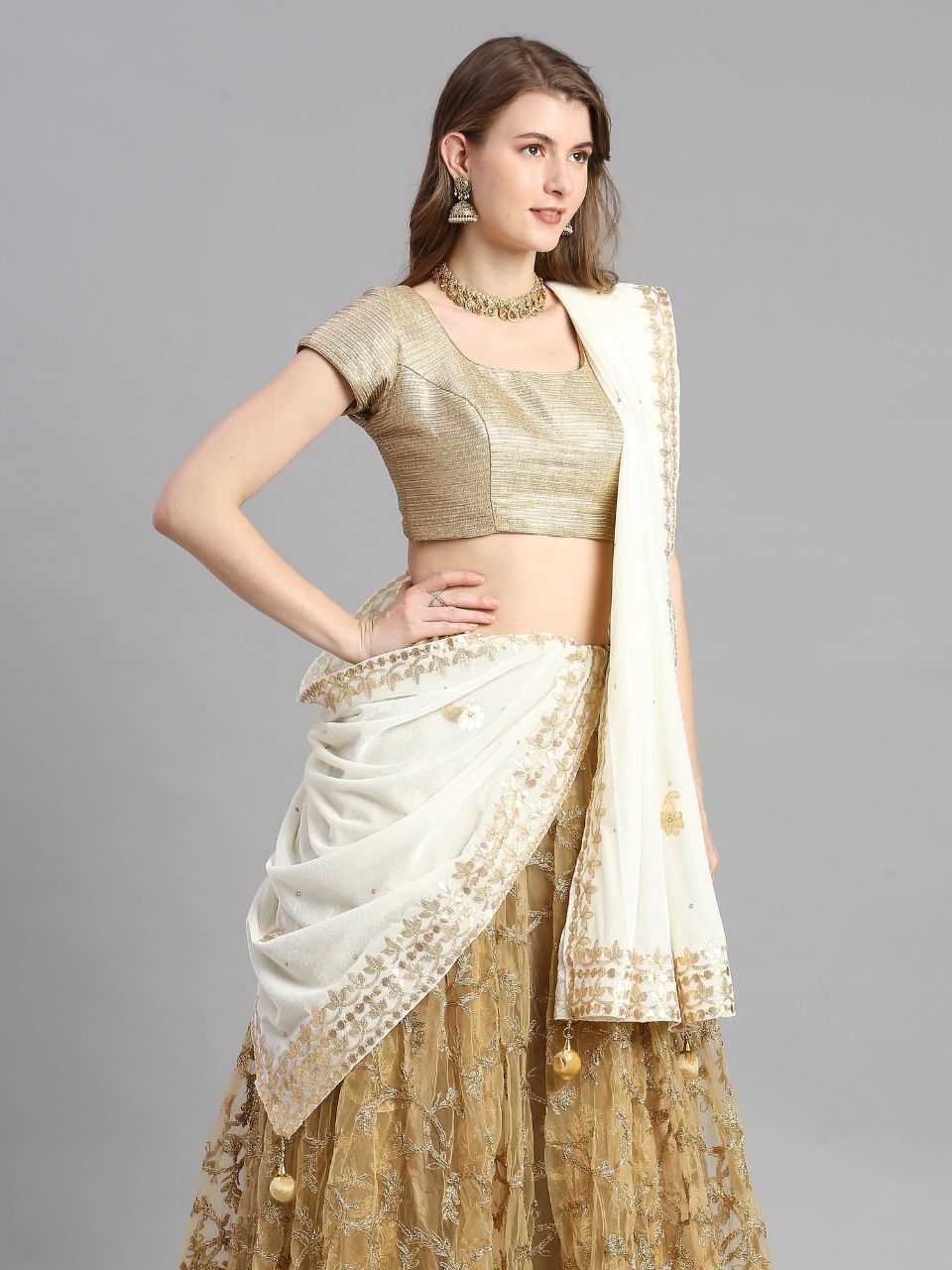 Gotta Patti Work Velvet Cream Dupatta With Danglers