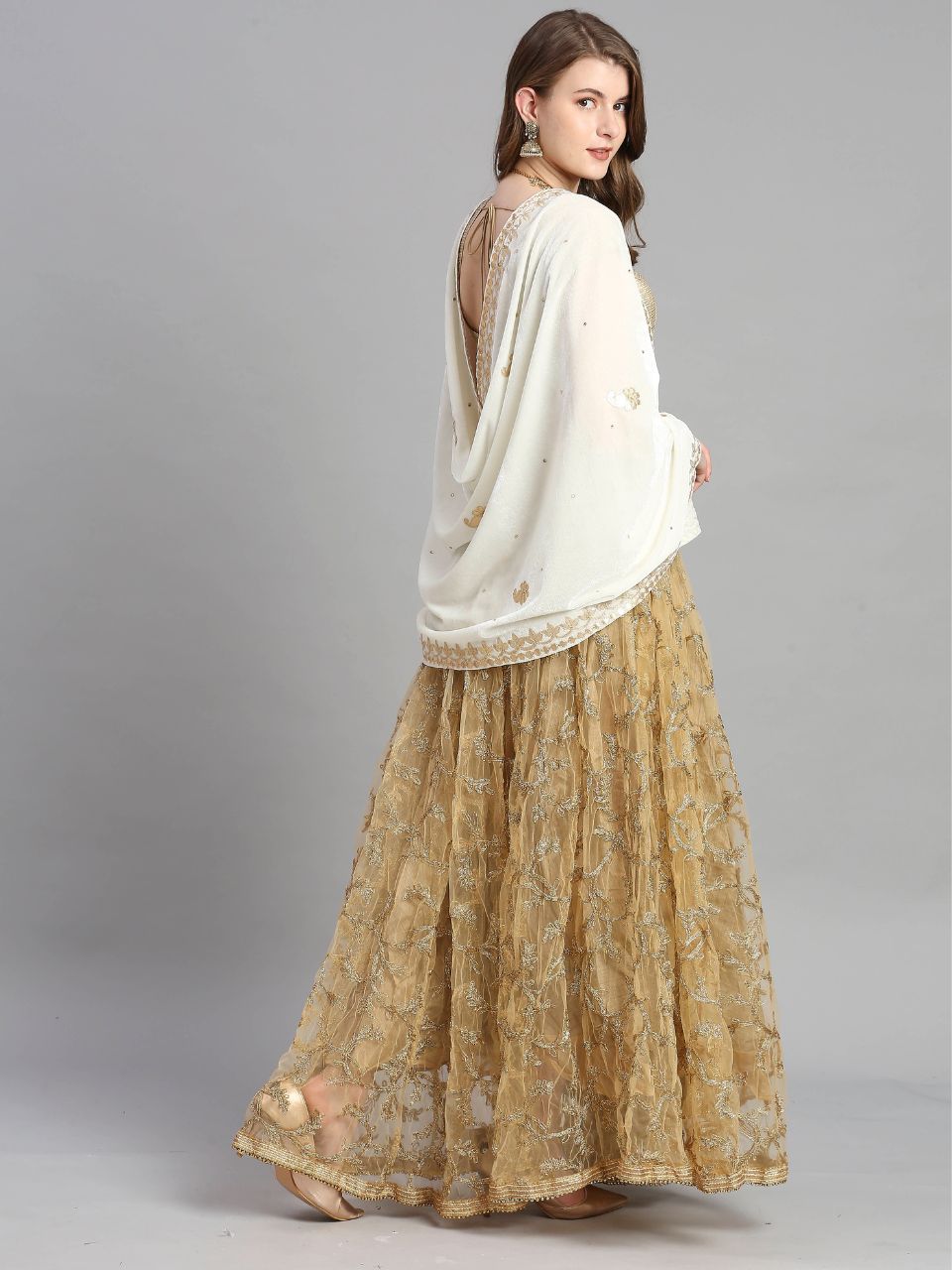 Gotta Patti Work Velvet Cream Dupatta With Danglers